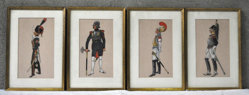 Een reeks van vier kleine gouachetekeningen met voorstellingen van soldaten.