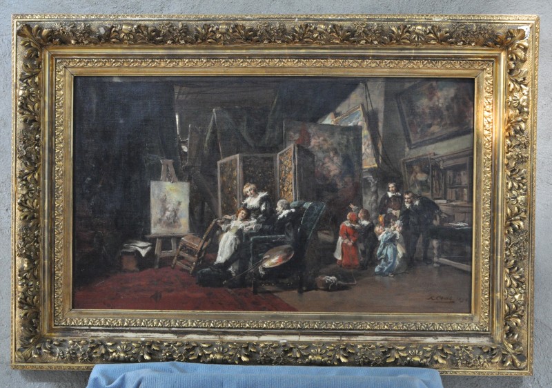 “De familie Rubens in het atelier”. Olieverf op doek (herdoekt). Gesigneerd en gedateerd 1890. Met zegel achteraan: vente collection Mr. K. Ooms, Anvers. Mai 1922.