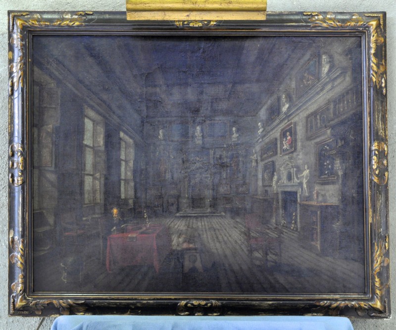 “Lezende man in barok interieur”. Olieverf op doek. XIXe eeuw.