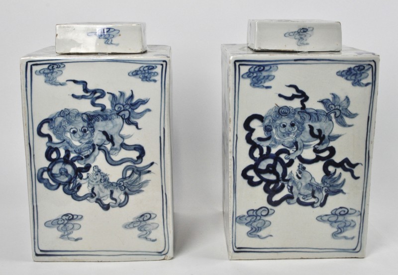 Een paar theebussen van Chinees porselein, versierd met een blauw en wit decor.