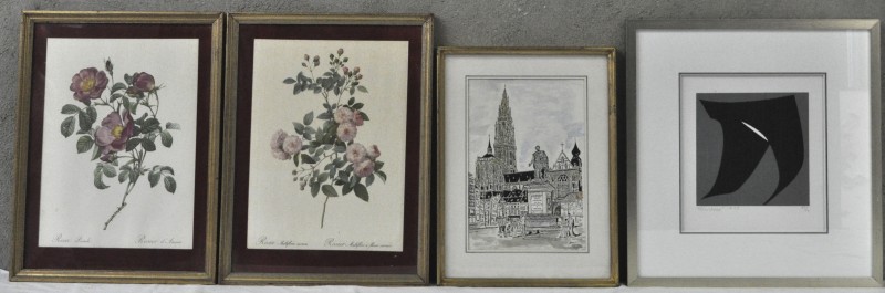 Lot grafisch werk: Twee reproducties met rozen naar Redouté, een litho getiteld “Plowshare” en gedateerd 1977 en een zicht op de Groenplaats in Antwerpen door Joosen.