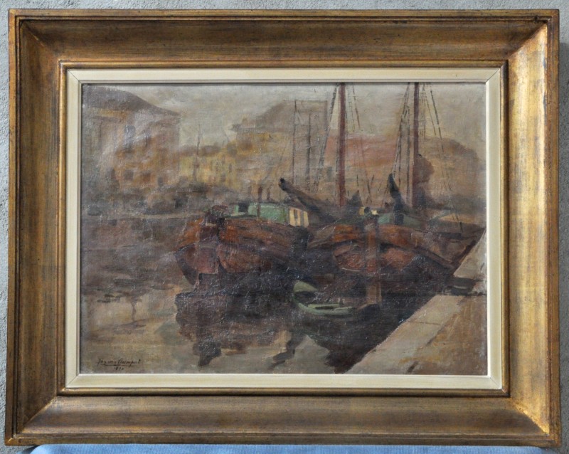 “Vissersboten in de haven van Oostende”. Olieverf op doek. Gesigneerd en gedateerd 1893.
