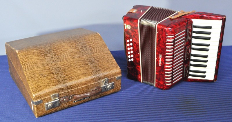 Een accordeon in draagtas.