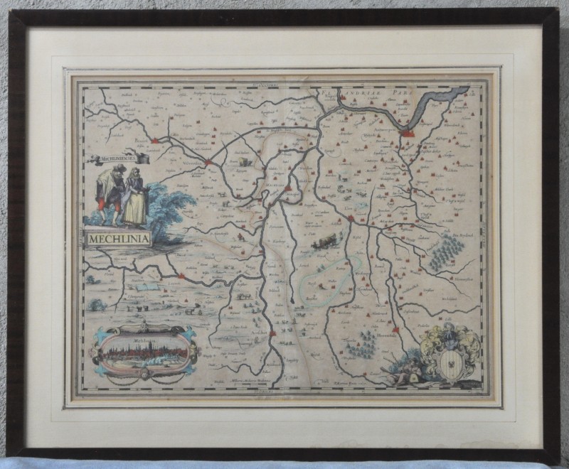 Een oude ingekleurde landkaart door Kaerius van de omgeving rond Mechelen. 1617.