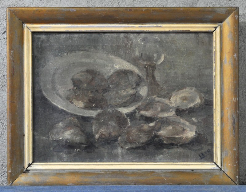 “Stilleven met oesters”. Olieverf op doek. Gesigneerd.
