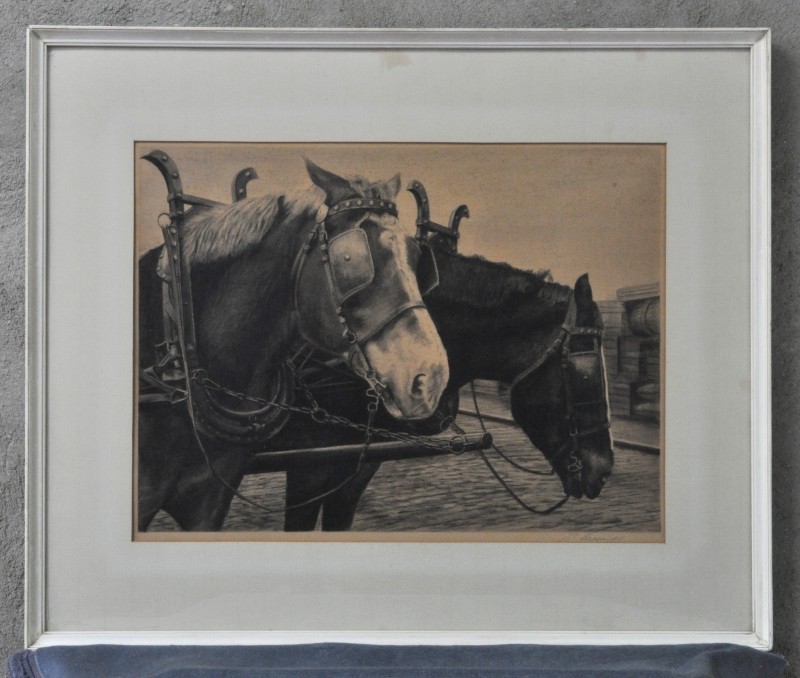 “Twee trekpaarden”. Lithografie, gesigneerd buiten de plaat.