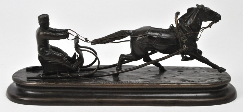 “Troika”. Een groep van donkergepatineerd brons. Gesigneerd ‘Grachev’ en met Sint Petersburgse gieterijstempel.