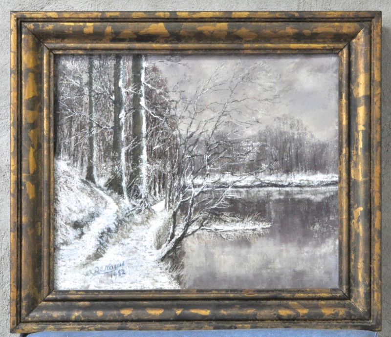 “Winterlandschap met vijver”. Pastel opapier. Gesigneerd en gedateerd 1952.