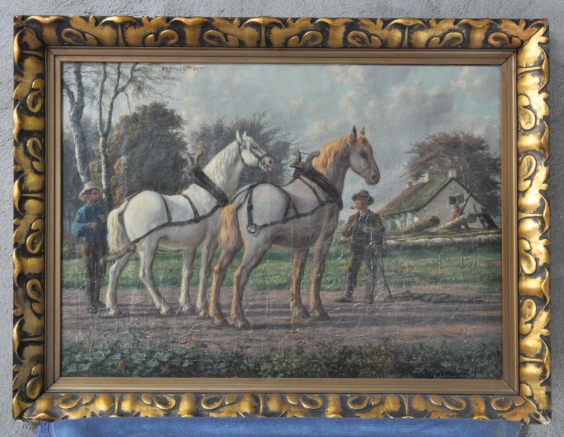 “Boeren met paarden”. Olieverf op doek. Gesigneerd en gedateerd 1916. Kleine letsels.