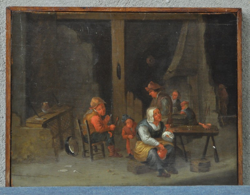 “Boereninterieur”. Olieverf op paneel. Naar een werk van Van Heemskerck. Vermoedelijk XIXe eeuw.