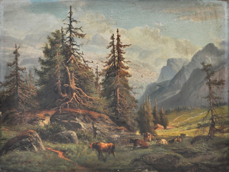 “Alpenlandschap met koeien”. Olieverf op paneel. Gesigneerd en gedateerd 1856.