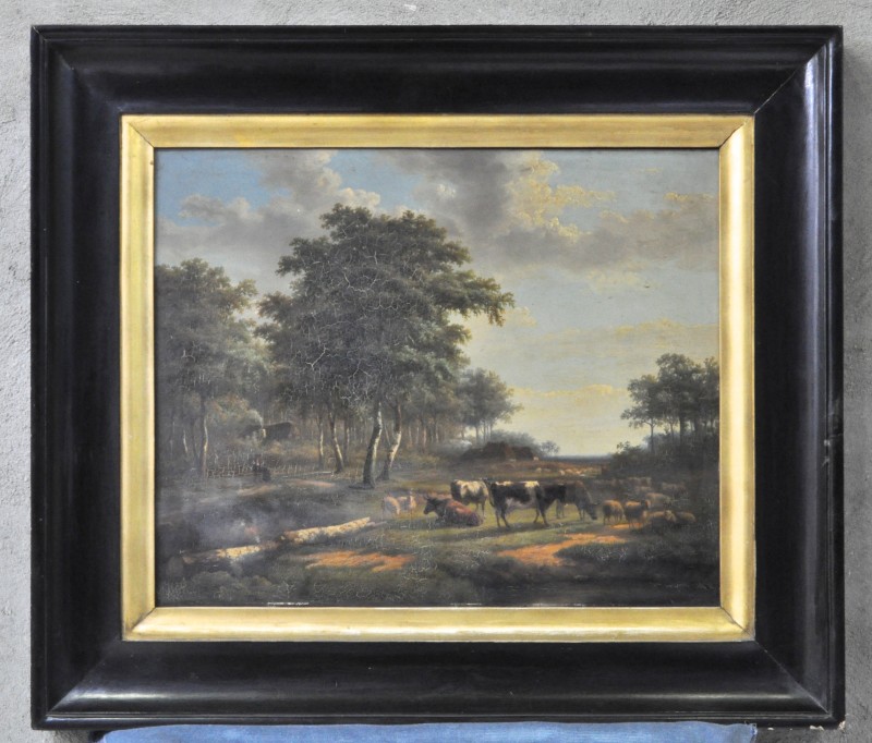 “Romantisch landschap met vee”. Olieverf op paneel. Gesigneerd links onderaan. XIXe eeuw.