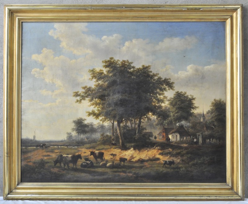 “Dorpszicht met vee” Olieverf op doek. Gesigneerd en gedateerd 1852.