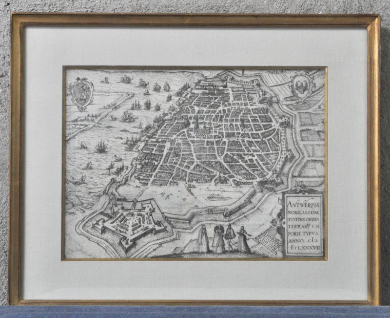 Een oude kaart van de Stad Antwerpen. Een gravure van cartograaf Guicciardini uit 1587.
