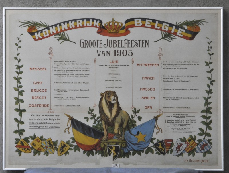 “Koninkrijk België. Groote Jubelfeesten van 1905”. Een affiche met het programma voor diverse Belgische steden.