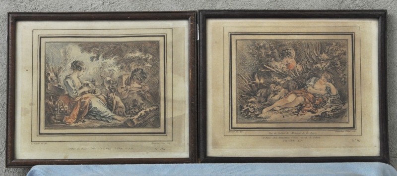Twee gravures met romantische voorstellingen. Naar François Boucher.