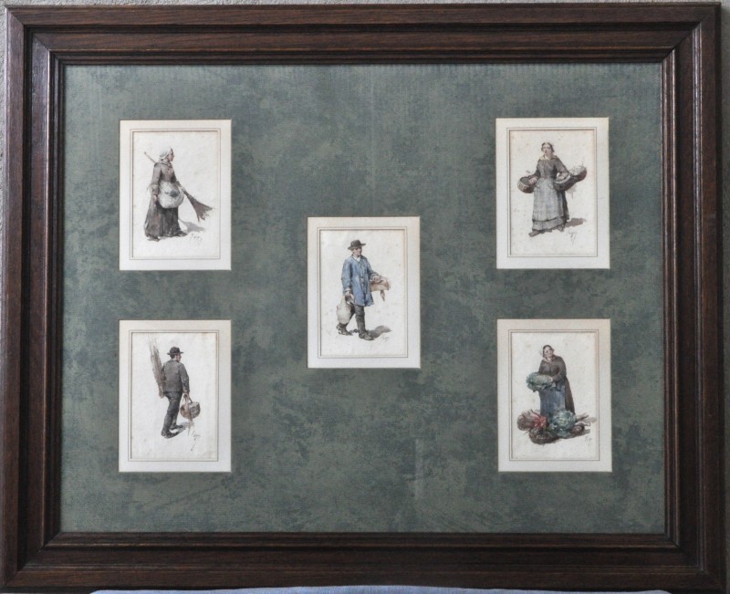 Vijf aquarellen met afbeeldingen van Vlaamse volksfiguren. Met opschrift op verso en gedateerd 1879. Gesigneerd.