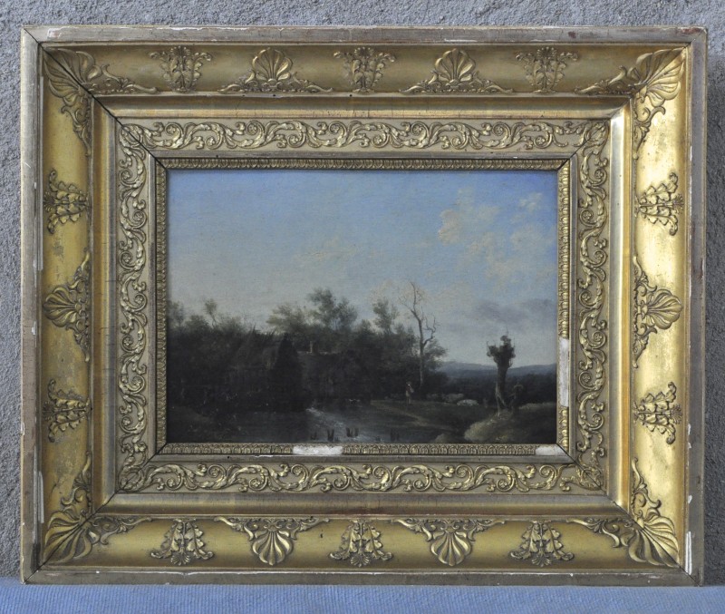 “Romantisch landschap met watermolen”. Olieverf op paneel. XIXe eeuw.