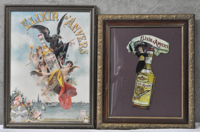 Twee reclames voor Elixir d’Anvers. Ingelijst.