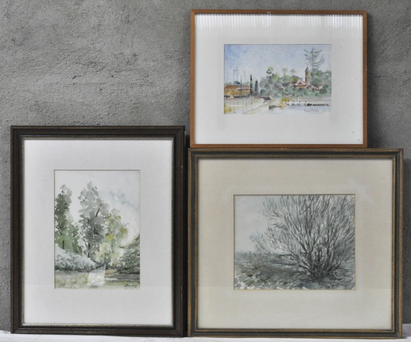 “Dorpszicht”; “Vijver” & “Rand van een meer”. Drie aquarellen. Resp. Gesigneerd ‘Van Vliet’; ‘Boudry’ & ‘Bosteels’.