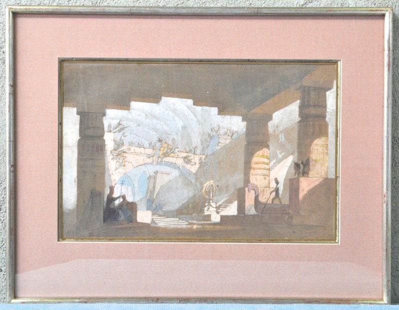 “Tafereel in een Egyptische tempel”. Gouache over potlood. Ontwerp van een decor voor Semiramis van Rossini, opgevoerd  in de Opera van Parijs 1861. Franse school Ca. 1861.