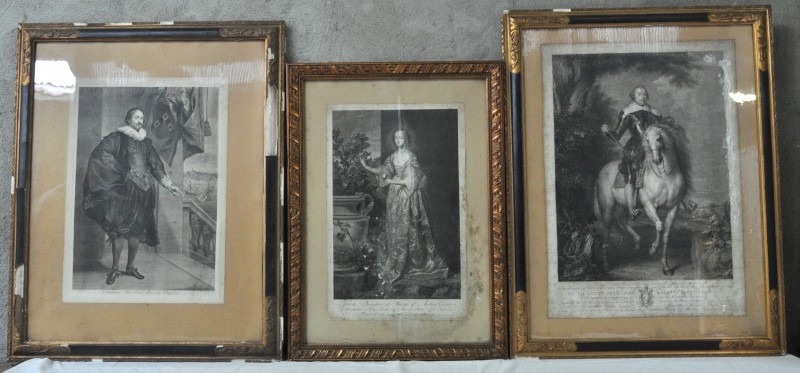 Drie portretten van vooraanstaande figuren uit de XVIIe eeuw. XVIIIe eeuwse Gravures naar Ant. Van Dyck door Pieter Van Gunst, Vermeulen, Morghen. Slechte staat.