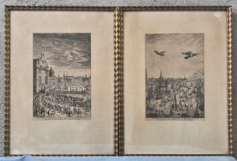 “Intrede van de Moeder van de Franse Koning te Antwerpen en Brussel”. Twee gravures uit de XIXe eeuw.