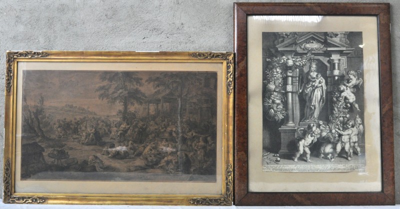 Twee gravures naar Rubens: “Boerenfeest” Een gravure uit 1762 van Hessard &” Heilige Moeder met kind” Een XVIIe eeuwse gravure van Galle.