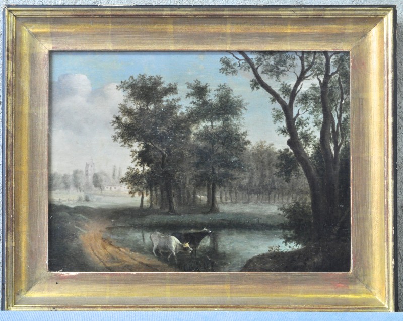 “Romantisch landschap met koeien”. Olieverf op paneel. XIXe eeuw.