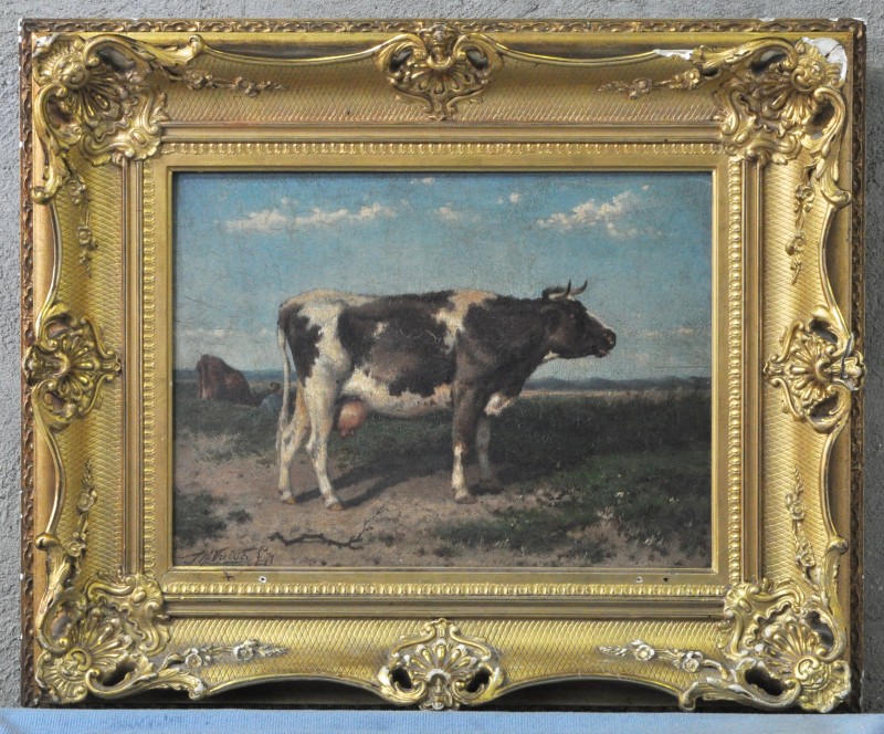 “Koe in de weide”. Olieverf op paneel. Gesigneerd. XIXde eeuw.
