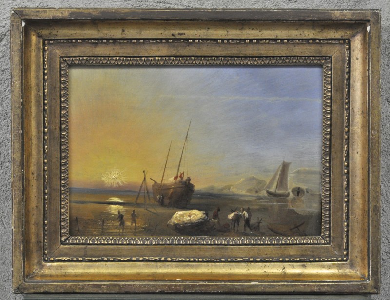 “Bedrijvigheid op het strand bij zonsopgang”. Olieverf op paneel. XIXe eeuw.