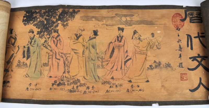 Lange Chinese scroll met personages.