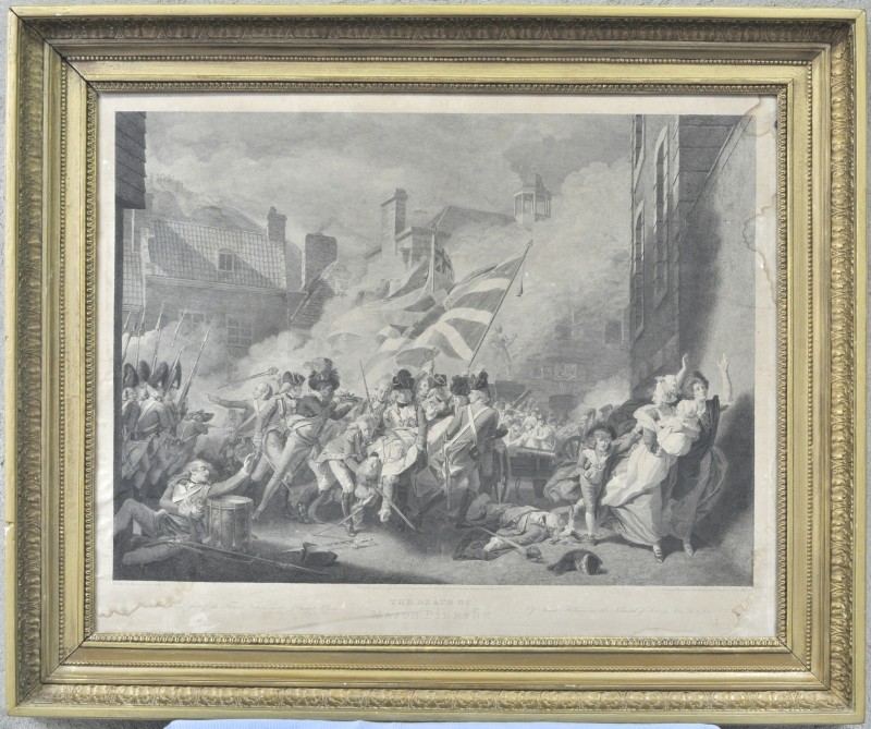 James Heath naar J.S. Copley. “The death of Major Pierson or the defeat of the French Troops in the Market Place of Saint-Heliers in the Island of Jersey. Jan. 6 1781”. Gravure. Published April 25 1796, J. & J. Boydell, Shakespeare Gallery, Pall Mall.