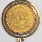 Een 18 karaats geel gouden hanger bezet met een munt van twenty dollers. 1895. Unites States of Amerika.