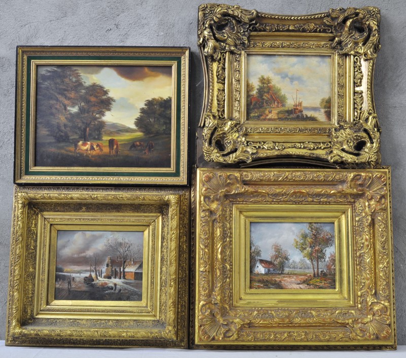 Een lot van vier schilderijen met diverse landschapsdecors. Naar de XIXde eeuw.