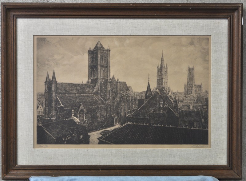 “De torens van Gent”. Ets. Gesigneerd, genummerd 45 x 200 en gedateerd 1940 buiten de plaat.