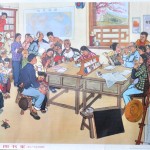 Negen diverse Chinese propagandistische posters uit de jaren zeventig: 86-725, “Glory to the People’s Teacher”. 86-623, “This Auntie vaccinates us”.  8179-829. “The production brigade’s reading room”. 86-627, “Who swept my walk for me again?”. Liu Zhigui 1975, “Attending Party Class”. 8027-6016, Zhou Jianzhi e.a. 1975, “Deepen the criticism of Lin (Biao) and Confucius, energetically increase industrial production”. 86-676, “Landmeters”. 8171-866. Dan Xihe 1974, “Study successful experiences to create ne mountain areas”. 86C-648, Qian Songyan 1974, “Today’s area South of the Yangzi is especially charming”.