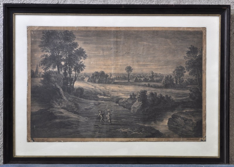 “Landschap met personages”. Een oude gravure naar een ontwerp van Rubens. XVIIe eeuw.
