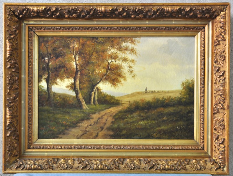“Schaapherder in een landschap”. Olieverf op doek. Gesigneerd. Omstreeks 1900.