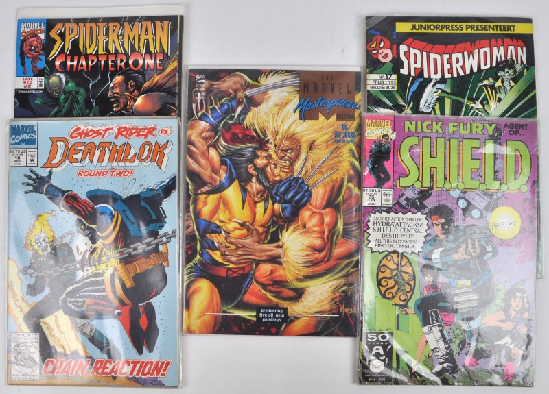 Een lot van achtentwintig albums van ‘Marvel Comics’, ‘Junior Press’, ‘Archie’ ‘First Comics’ en ‘Continuity Comics’ van o.a. Ghost Rider, Spiderman, Armor, Badger, Spiderwoman, enz...
