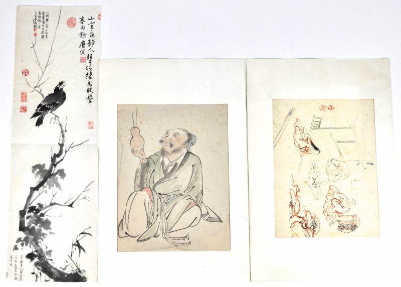 Twee Japanse schetsen, de ene met personages in een theehuis, de andere met een boer, die een kalebas omhoog steekt. We voegen er een Chinese tekening met een landschap op rijstpapier aan toe.