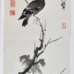 Twee Japanse schetsen, de ene met personages in een theehuis, de andere met een boer, die een kalebas omhoog steekt. We voegen er een Chinese tekening met een landschap op rijstpapier aan toe.