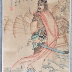 Twee Chinese scrolls op rijstpapier met afbeeldingen van krijgers.