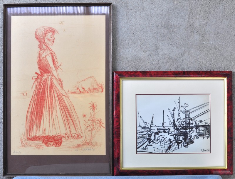 Een sanguinetekening van een meisje, gesigneerd Jan Peeters en een inkttekening van een scheepswerf, gesigneerd Irène Bataille.