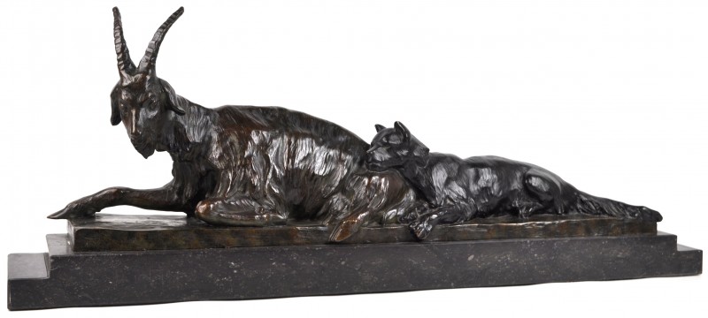 “Rustende bok en hond”. Bronzen groep met twee tinten patina. Gesigneerd. Op zwarte marmeren sokkel.