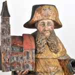 “Sint-Jacob van Compostela”. Gepolychromeerd houten heiligenbeeld.