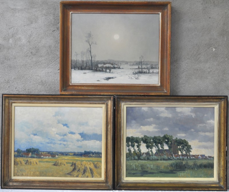 “Lente”, “Zomer” & “Winter”. Drie schilderijen, olieverf op board. Allen gesigneerd.