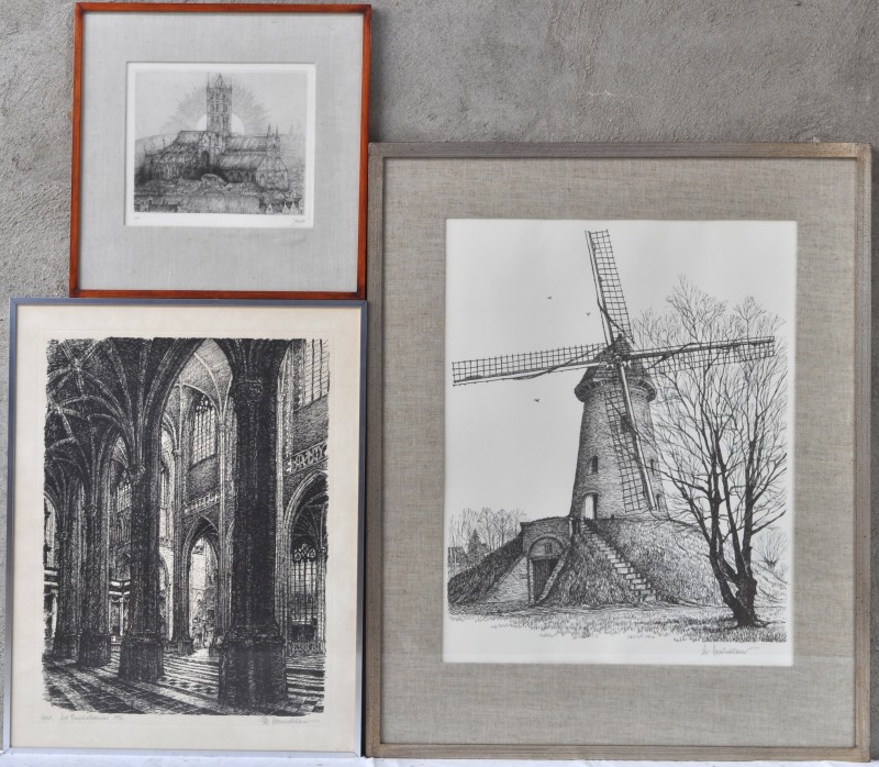 “Windmolen”, “ Sint-Baafskathedraal te Gent” en “De St-Niklaaskerk te Gent”. Een lot van drie grafische werken.