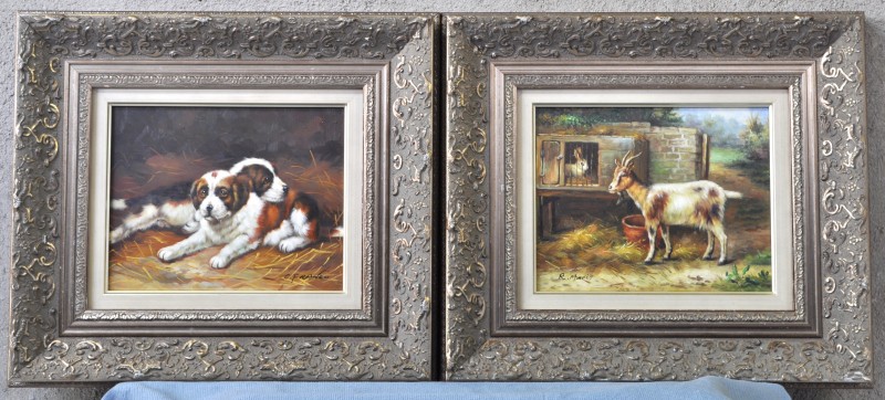 “Geit en konijn” & “puppy’s”. Twee olieverfschilderijtjes op paneel. Naar de XIXe eeuw.