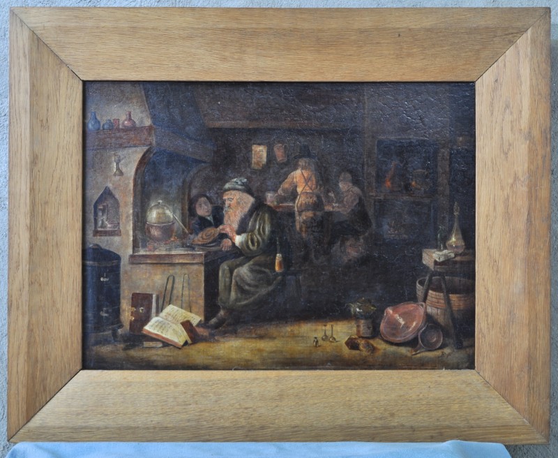 “De alchemist in zijn atelier”. Olieverf op doek. Gemonogrameerd ‘D F’.